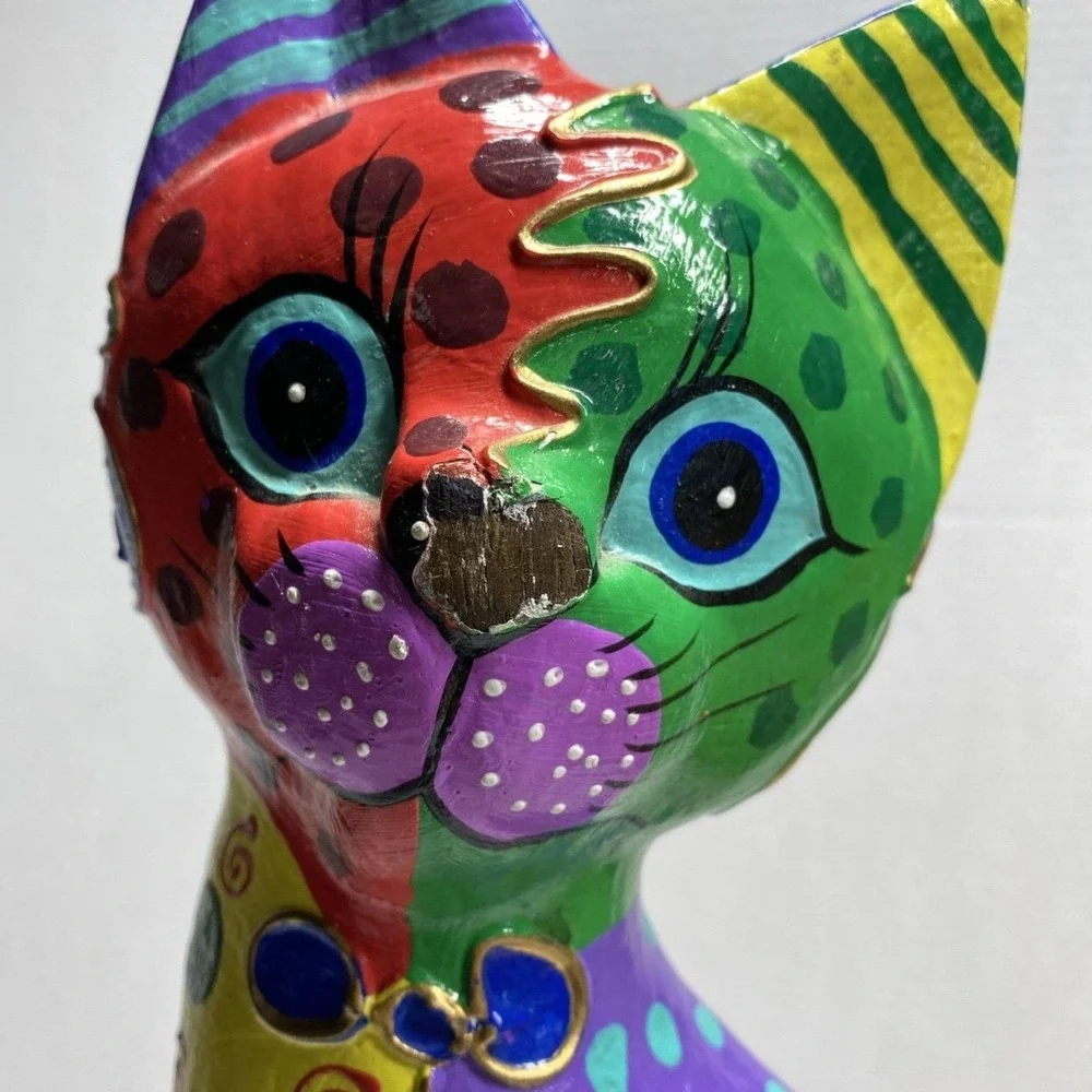 Hand-Painted Wooden Cat Figure Multicolor Folk Art Sculpture - Picture 9 of 14